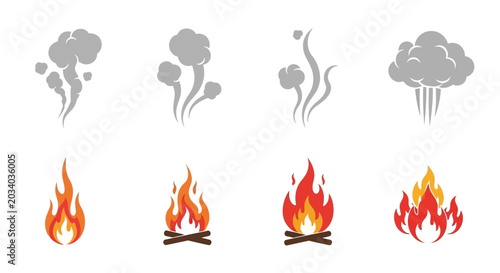 Set of fire and smoke icons in flat style
