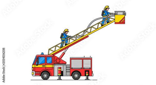 Illustration of firefighters on a ladder truck with safety gear