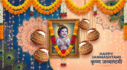 Vibrant hindu festival janmashtami celebration with decorated pots and floral arrangements