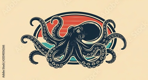 Retro Octopus Vector Illustration with Wavy Tentacles and Suction Cups on a Vintage Sunset Horizon Background. Nautical Marine Art.