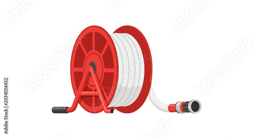 Red fire hose reel with white hose and nozzle in vector style