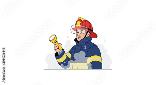 Firefighter in uniform holding flashlight amidst smoke illustration