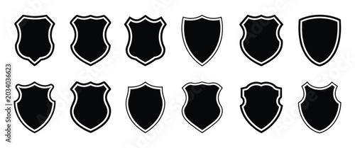Police Badge Shape Vector Collection, Military Shield Silhouettes, Security and Football Patch Icons Isolated on White Background for Protection Design