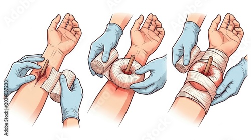Hands show step-by-step process of stabilizing an impaled object with bandages and supports during a workplace emergency.