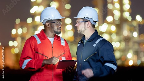 Two engineers using tablet at industrial plant at night