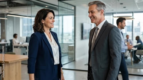 Mature businesswoman handshaking partner in office, modern office background, confident stance, authentic business lifestyle scene with strong commercial appeal for hiring, partnership and corporate