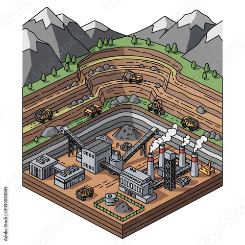 Isometric Industrial Mine with Machinery and Tunnels.