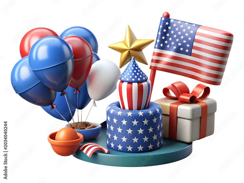 Obraz premium 3D Render Bundle of USA Independence Day Celebration Elements with Flag and Balloons