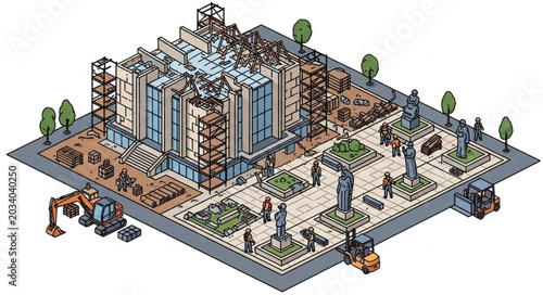 Isometric Modern Building Complex with Surrounding Infrastructure.