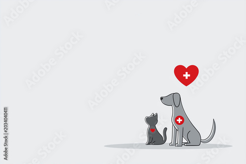 Gray Dog and Cat with Medical Cross Badges Looking Up at Red Heart with Cross on Light Gray Background