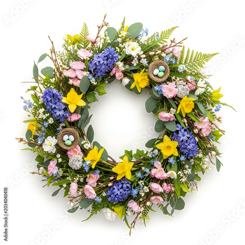 Spring easter wreath with flowers and nest decorations, wreath making