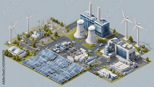 Renewable Energy Power Plant with Wind Turbines and Solar Panels.