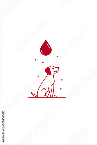 Red Line Art Dog Looking Up at Blood Drop with Small Dots on White Background
