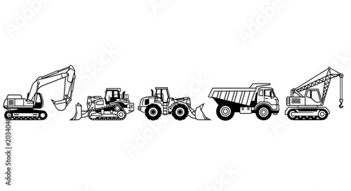 Lineup of Construction Excavators and Heavy Machinery.