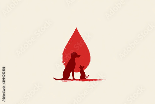 Dark Silhouettes of Dog and Cat Inside Large Red Blood Drop on Beige Background