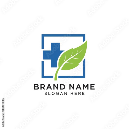 Medical Cross Symbol with Leaf for Healthcare and Nature.