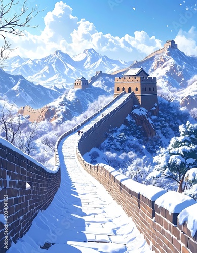 Snowy Great Wall of China Landscape.