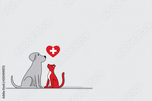 Gray Dog and Red Cat Sitting Together Looking Up at Red Heart with Medical Cross on Gray Background