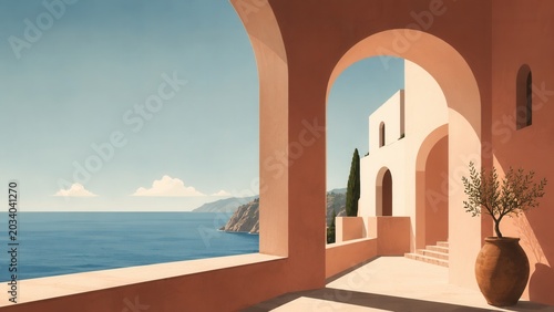 Minimal mediterranean terrace with ocean view arches and warm sunlight architectural background scene