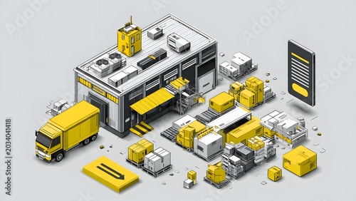 Isometric Warehouse Storage and Logistics Scene with Trucks and Packages.