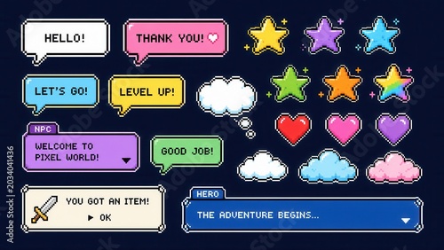 Retro pixel game interface elements with colorful speech bubbles stars hearts and fantasy icons