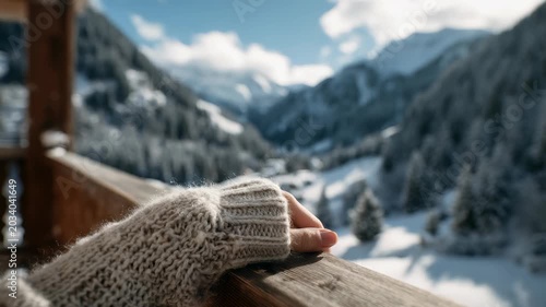 A hand in a woolen sweater rests on a rustic balcony railing, with majestic snow covered mountains and pine trees in the background. The serene winter view evokes calm and relaxation