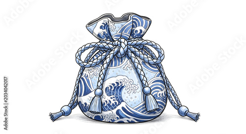 Blue patterned drawstring bag with wave design