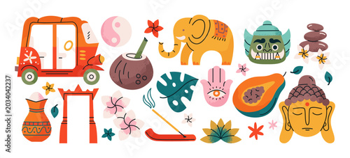 Colorful collection of thai cultural icons and symbols with tuk yin yang thailand illustration elephant traditional decoration spirituality religion vacation oriental heritage landmark