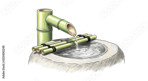 Zen bamboo water fountain with stone basin