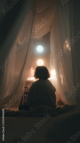A solitary figure is enveloped by sheer curtains and glowing orbs in a softly lit bedroom, creating a serene and intimate mood. The scene suggests relaxation, mindfulness, and quiet contemplation