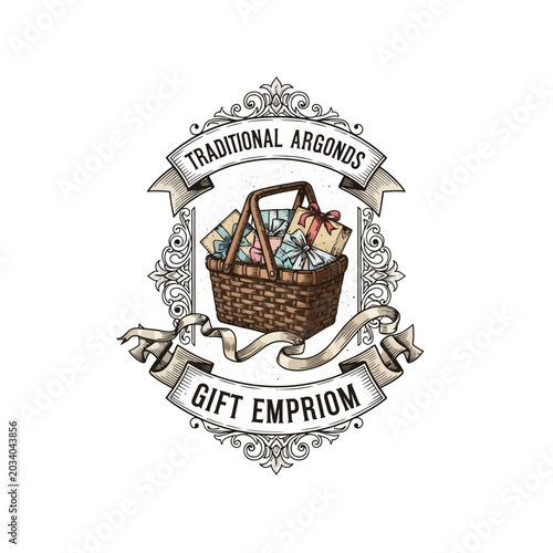 Schilderij op canvas Gift Basket Illustration in Vintage Ornate Frame for Traditional Emporium