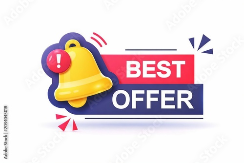 Bright bell icon with best offer announcement banner in vibrant colors