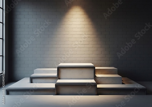 An empty contemporary living room features stairs leading to the light, a luxury leather sofa, and modern furniture