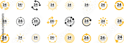 Photography 24 7 Service Icon Set with Call Symbol, Support Available 24 Hours a Day and 7 D