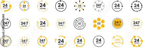 Photography 24 7 Service Icon Set with Call Symbol, Support Available 24 Hours a Day and 7 D