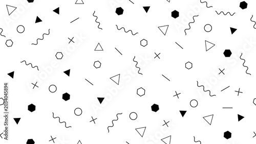 Seamless geometric pattern with black minimalist memphis elements on white background