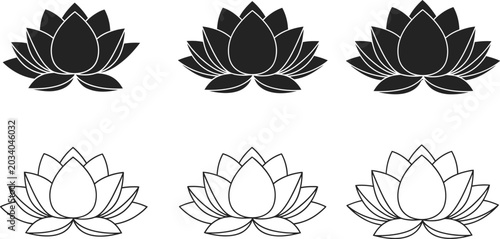 Collection of black and white lotus flower icons and outlines on white background