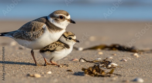 Two shorebirds on sandy beach