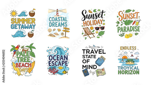 Quadro su tela Collection of Summer Vacation Vibes: A vibrant compilation of artistic illustrations celebrating the essence of summer holidays and tropical getaways, featuring beach themes, coastal dreams