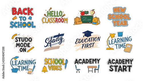 Quadro su tela Back to School Collection: A vibrant compilation of stylized text and graphic elements celebrating the start of a new academic year, ideal for educational promotions and back-to-school campaigns