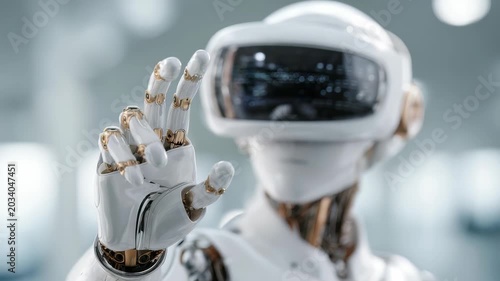 Sleek humanoid robot with visor, intricate mechanical details reaches forward in high tech environment. This represents AI, robotics, evolution smart automation in modern industries
