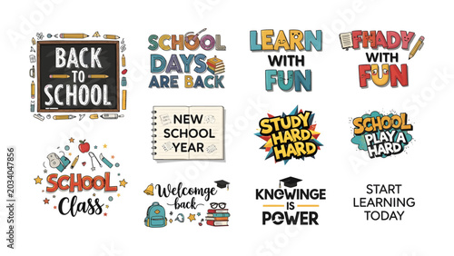 Back to School Fun: A vibrant collection of back-to-school themed graphic elements featuring motivational phrases like Study Hard, Play Hard and Knowledge is Power.