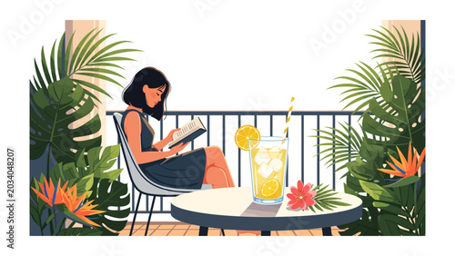 Fotografija Serene Afternoon Retreat: A young woman enjoys a tranquil moment, engrossed in a book on her balcony amidst lush tropical plants, with a refreshing drink by her side
