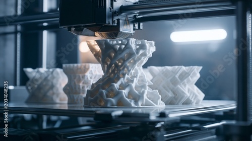 Obraz na płótnie Medium shot showcasing a 3D printer fabricating complex lattice structures for prototypes emphasizing advanced geometry and optimization in additive manufacturing.