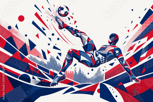 United States soccer player performing an aerial bicycle kick in a dynamic geometric poster design. United States national football team wallpaper, banner, background.