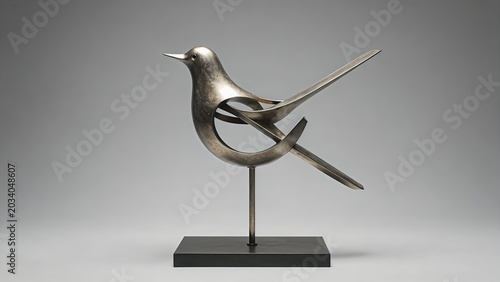 Modern Abstract Black Metal Bird Sculpture on Stand