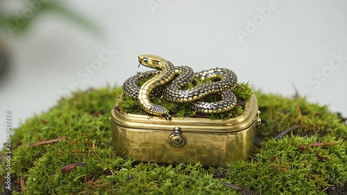 Ornate Brass Snake Trinket Box on Mossy Ground