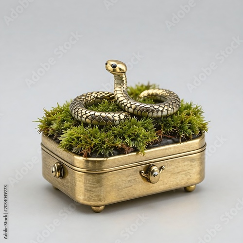 Ornate Brass Snake Trinket Box on Mossy Ground