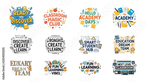 Education Design Collection: A dynamic collage of twelve unique graphic designs, each encapsulating distinct educational themes with vibrant colors and playful typography.
