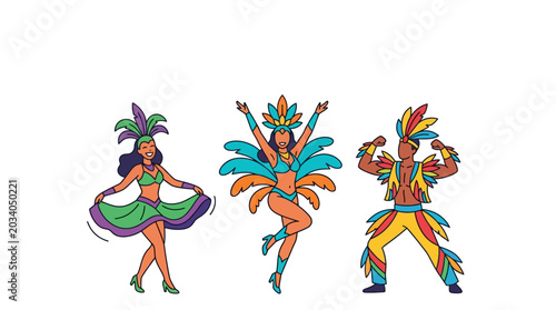 Quadro su tela Brazilian Carnival Dancers in Colorful Costumes Illustration